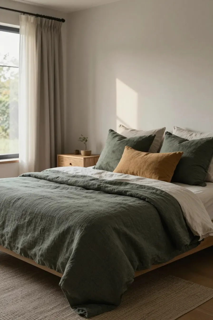 A cozy bedroom with olive and charcoal hemp cushions on a linen bed under soft morning light.