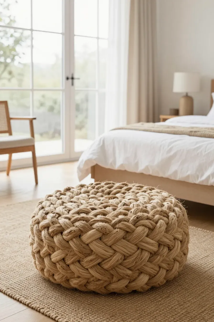 A round braided water hyacinth pouf on a jute rug in a bright, airy natural bedroom.