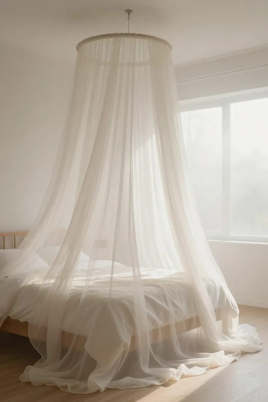 A sheer off-white muslin canopy draped over a bed in a bright, breezy natural bedroom.