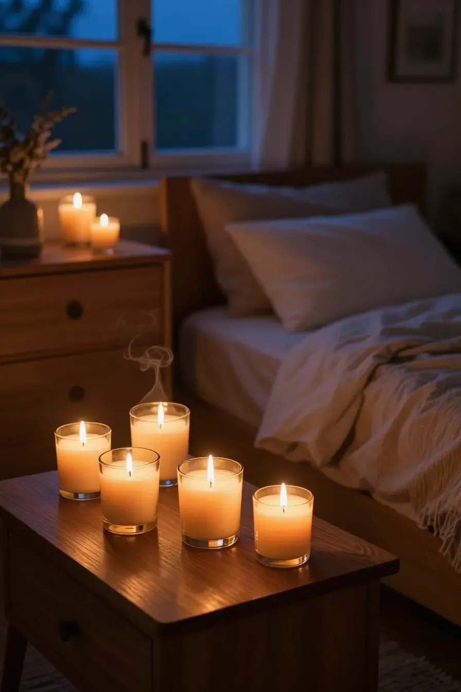 Glowing soy wax candles in glass jars providing warm light in a cozy, dim bedroom.
