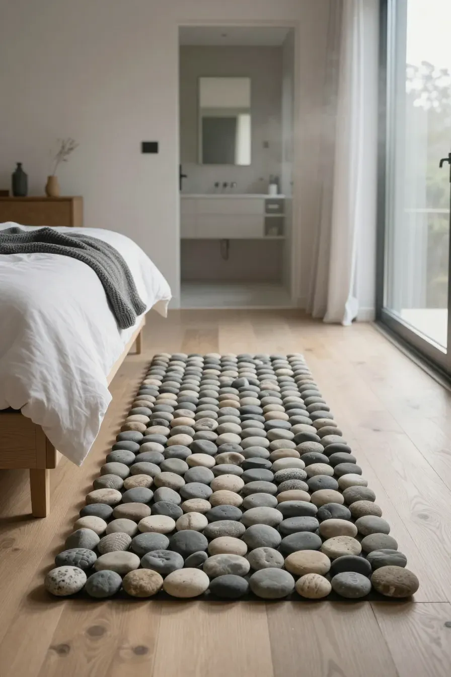 A stone pebble mat at the entrance of a bathroom in a bright, cozy natural bedroom.