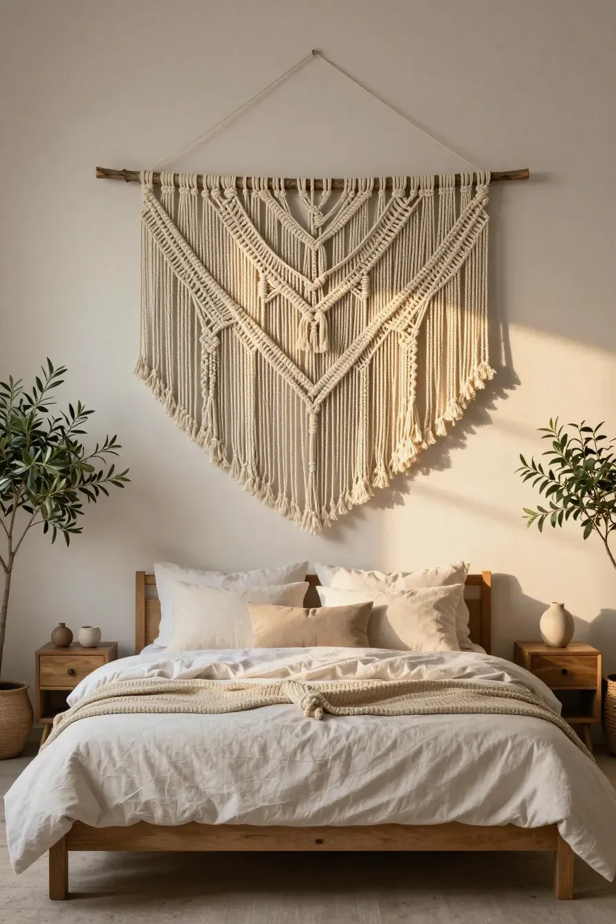 A large cream macrame wall hanging displayed above a bed in a cozy, natural-style bedroom.
