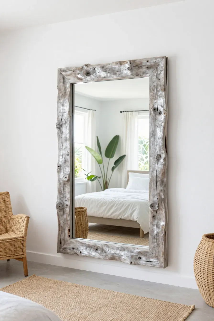 A large mirror with a rustic driftwood frame hanging on a wall in a bright, natural bedroom.