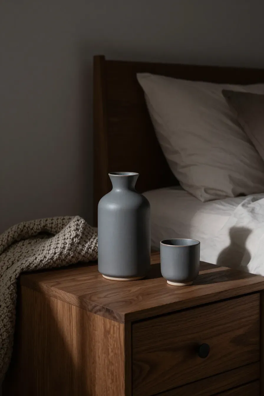 A matte gray ceramic water carafe and glass set on a wooden nightstand in a cozy bedroom.