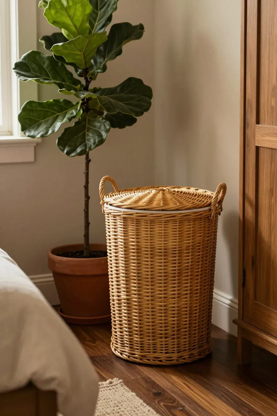 A tall woven willow laundry hamper standing in the corner of a rustic natural bedroom.