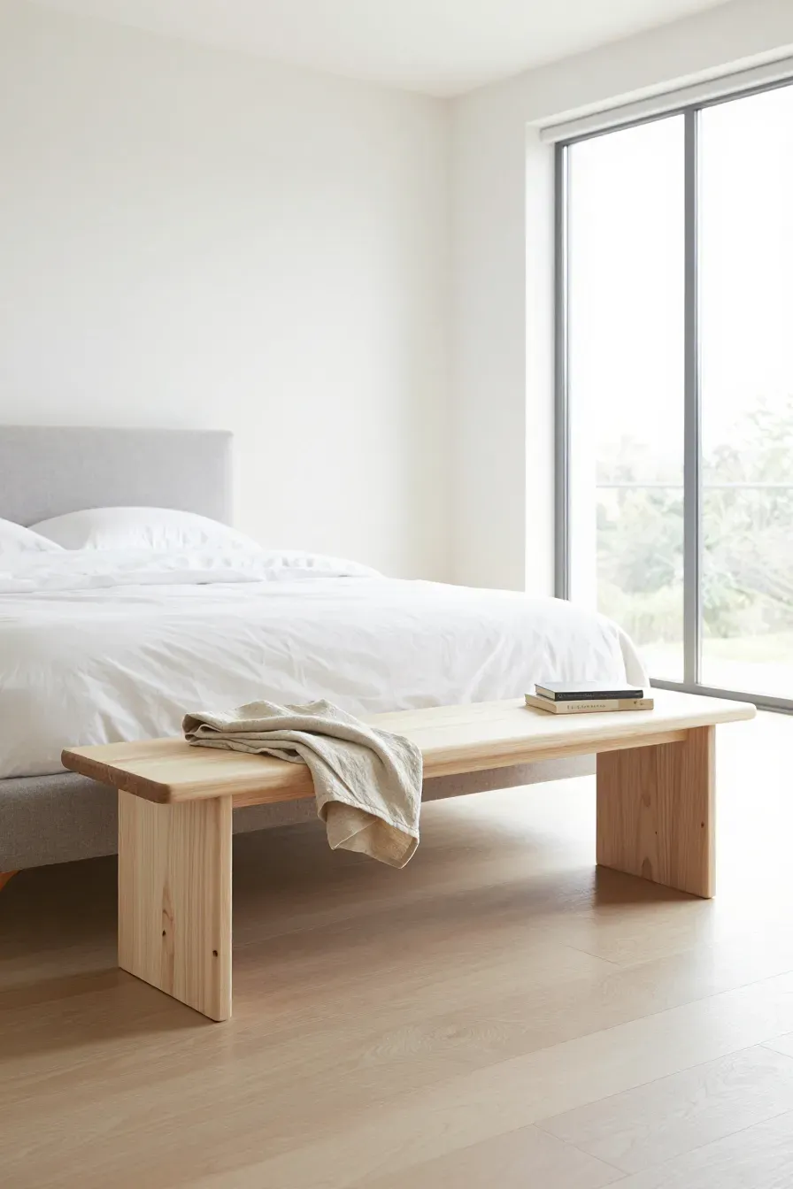 A minimalist light birch wood bench at the foot of a bed in a bright modern bedroom.