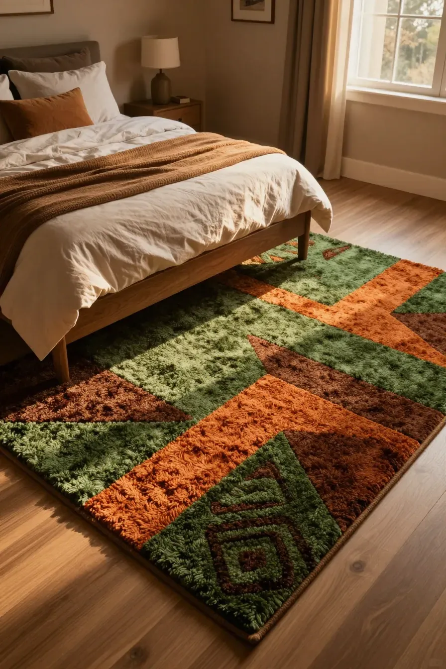 A large hand-tufted wool rug with earthy green and orange tones in a cozy bedroom.