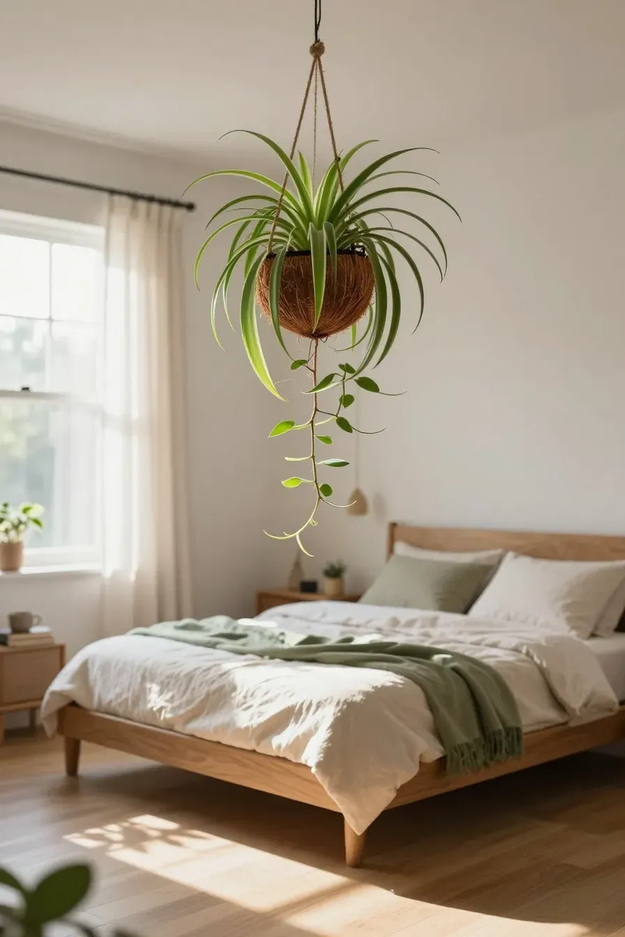A lush spider plant in a coconut shell hangs in a bright, cozy bedroom with linen bedding.