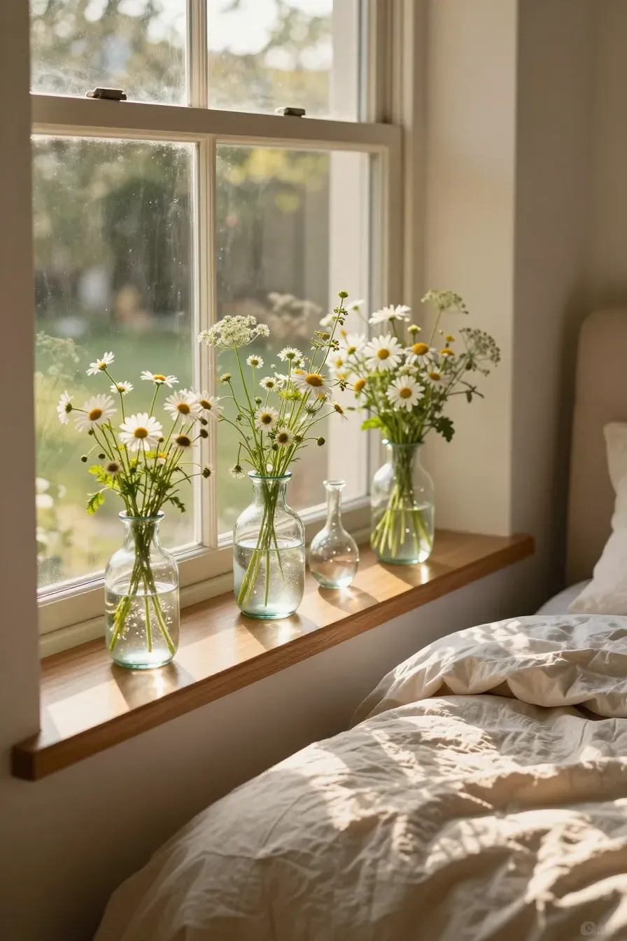 Recycled glass vases with wildflowers on a sunny bedroom windowsill next to a cozy bed.