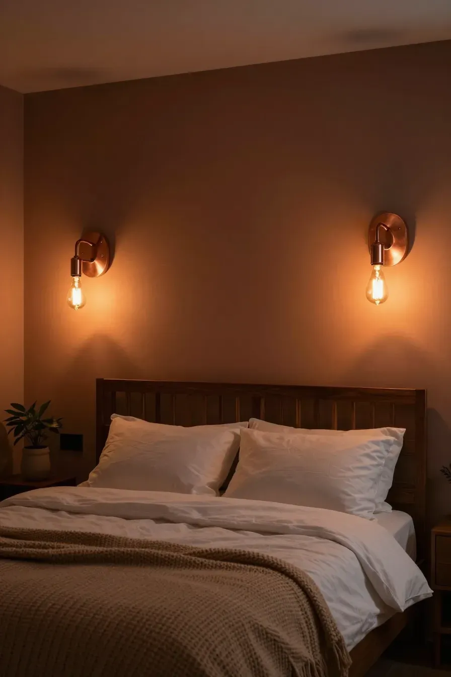 Warm copper sconces with Edison bulbs lighting up a cozy bedroom with wood accents.