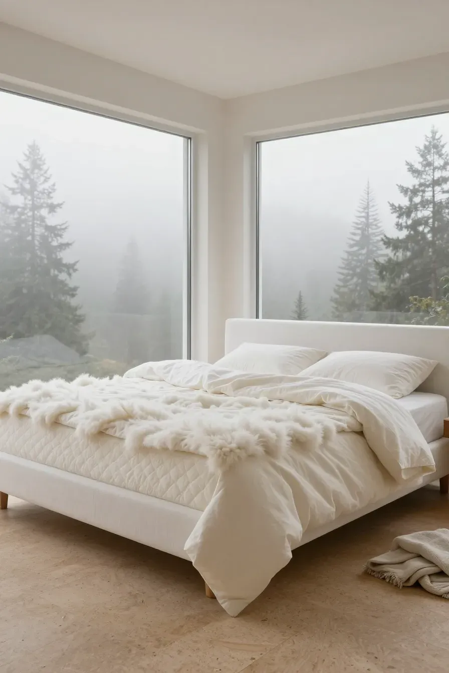 A plush bed with an organic wool topper in a bright, minimalist natural bedroom.