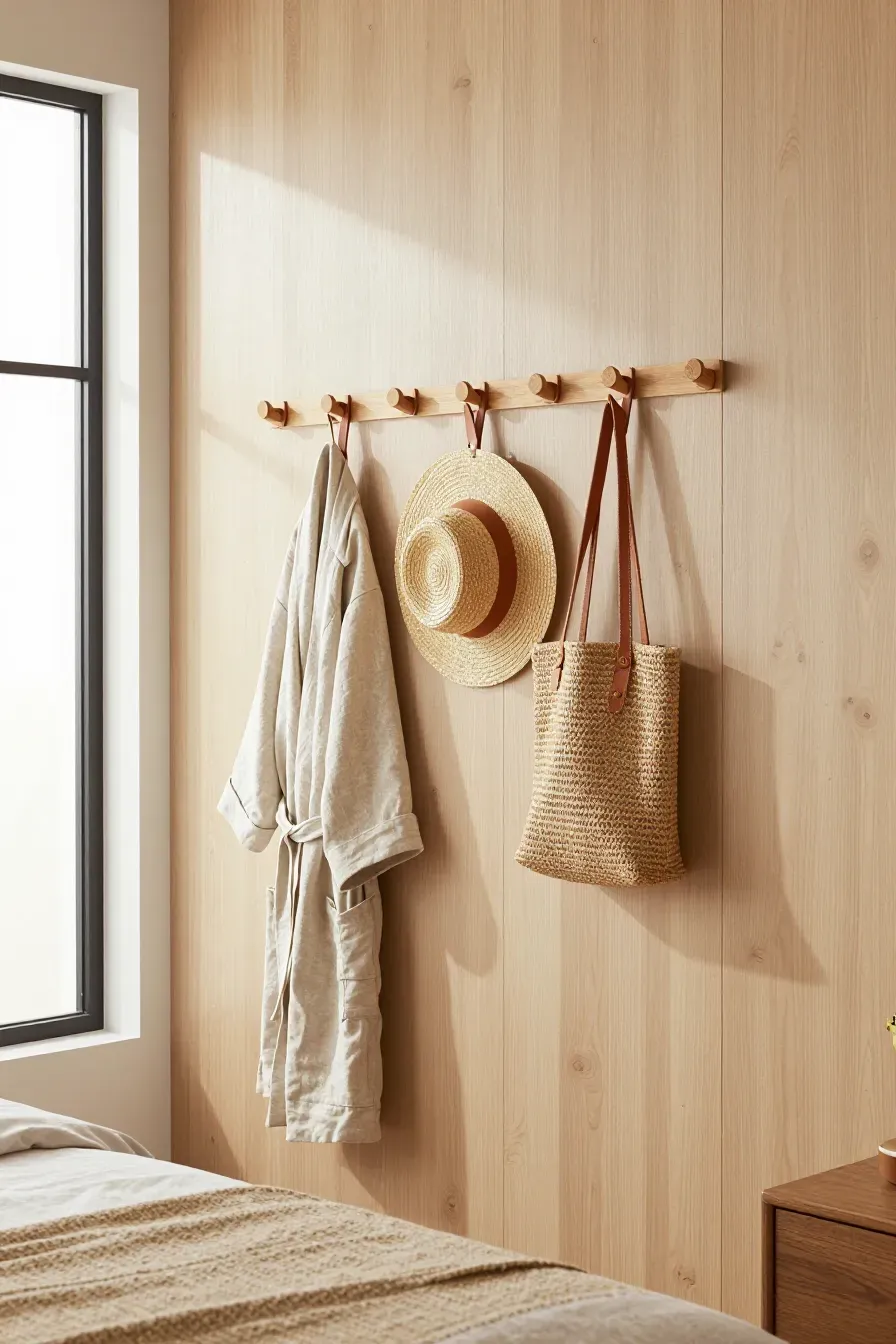 Leather and wood wall hooks holding a robe and hat in a bright, natural bedroom.
