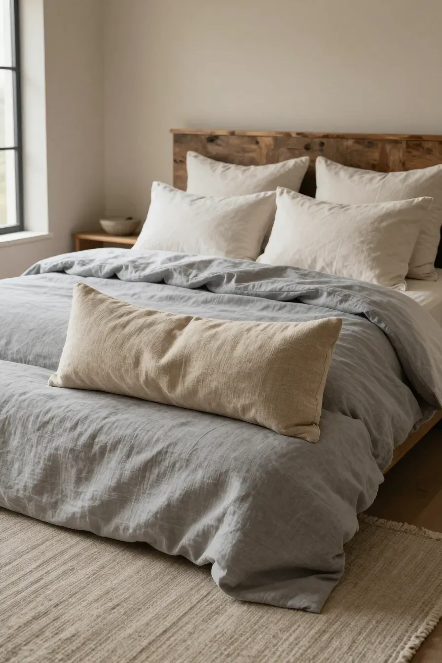 A textured linen bolster pillow on a bed with grey and ivory linens in a cozy room.