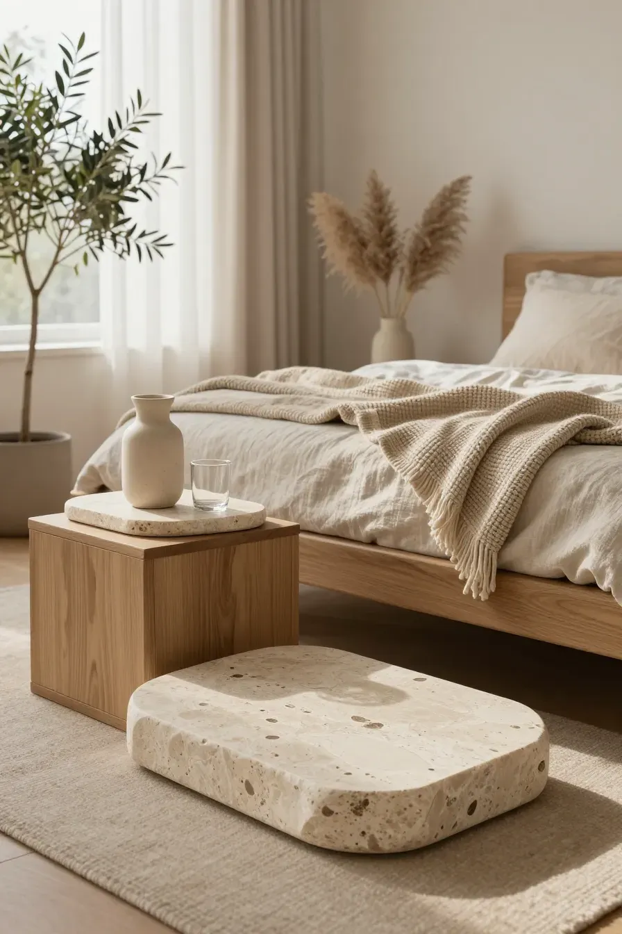 A cozy bedroom with a wooden nightstand featuring travertine stone coasters and linen bedding.
