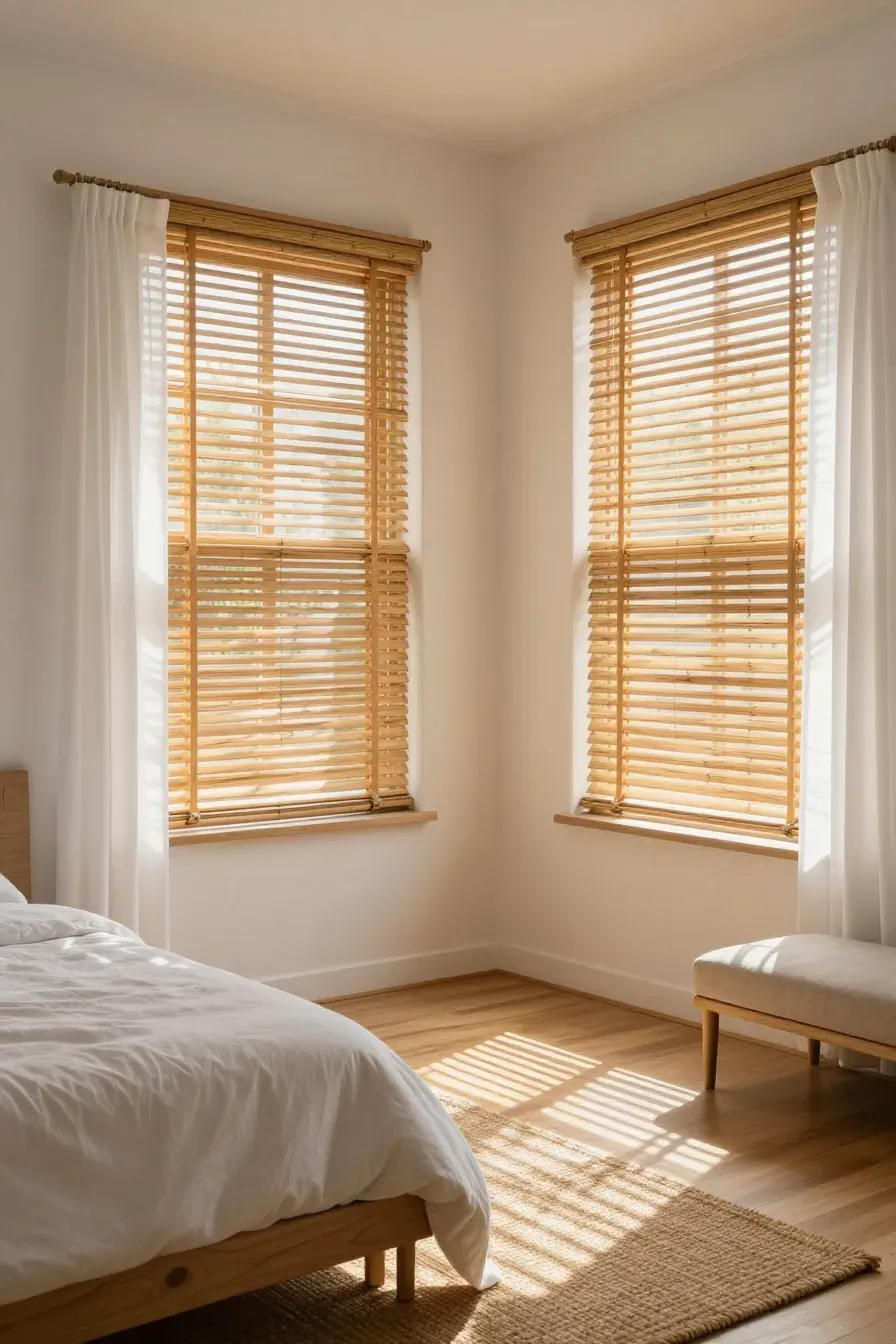 A bright bedroom with bamboo slat blinds filtering warm sunlight onto a wooden floor.