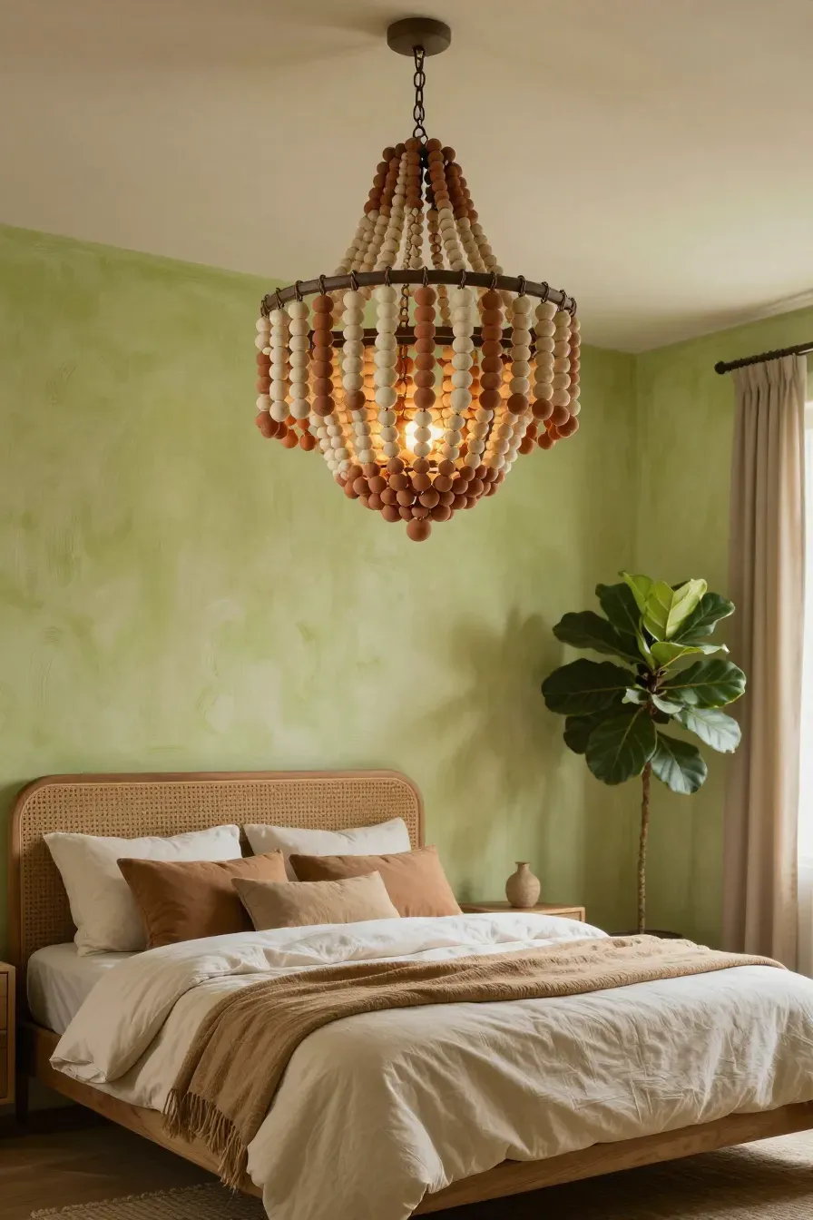 A handcrafted clay bead chandelier hanging in a natural bedroom with a rattan headboard.