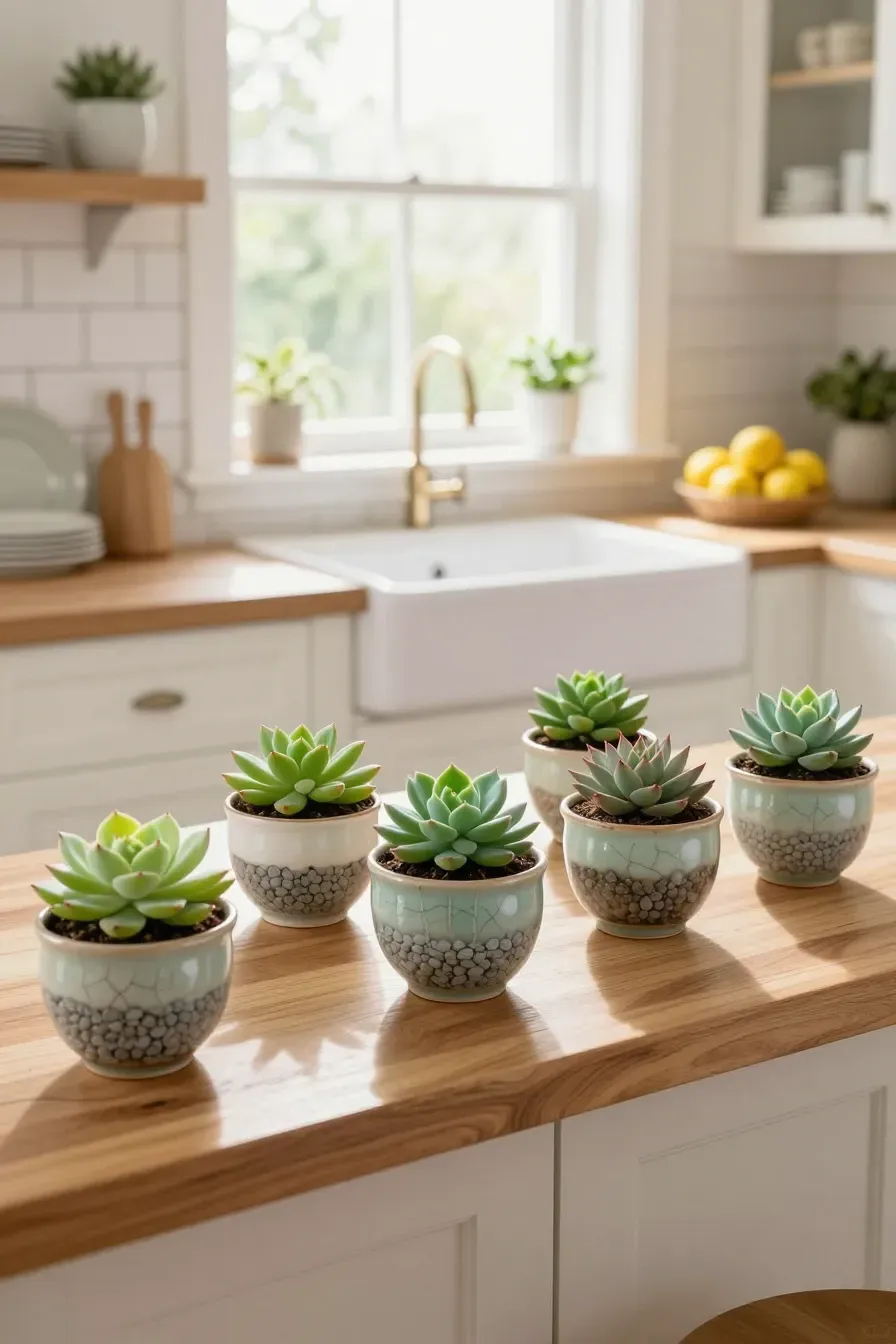Mismatched vintage tea cups used as succulent planters on a bright kitchen windowsill.
