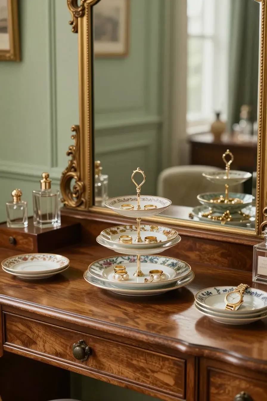 A stack of vintage saucers organizing jewelry on an elegant wooden vanity table.