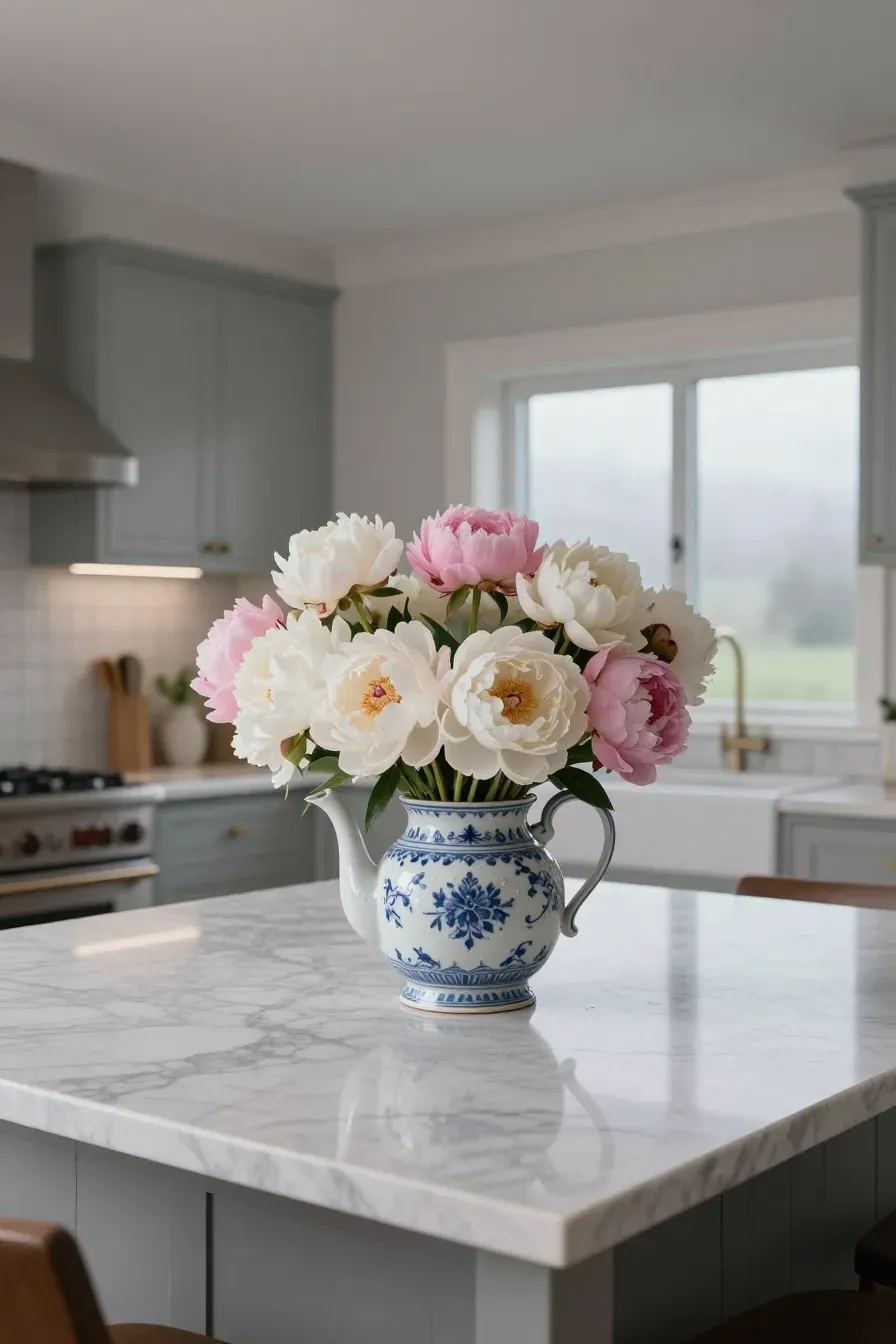 A vintage teapot filled with fresh peonies as a centerpiece on a marble kitchen island.