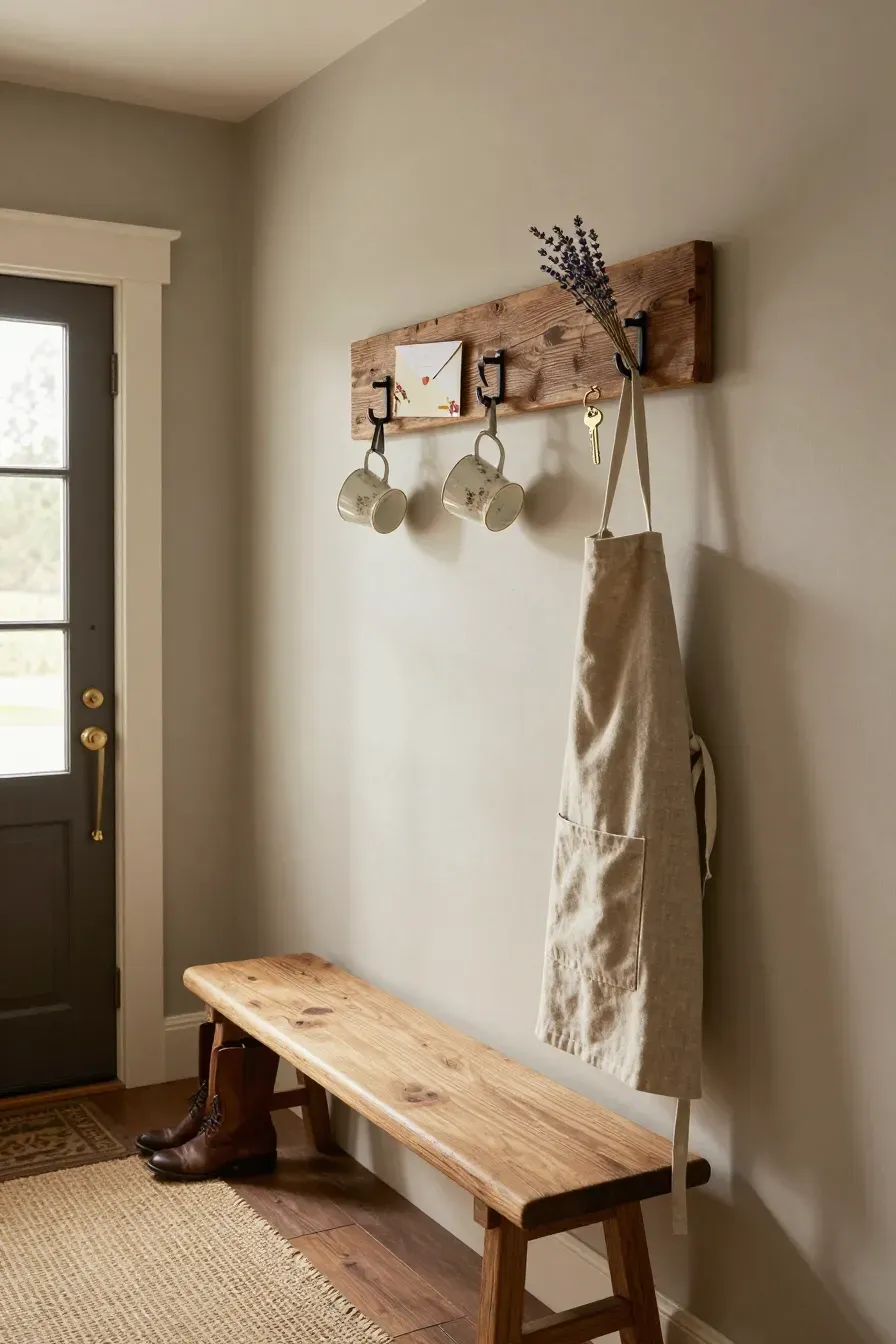 Vintage tea cups mounted on a wooden board used as key hooks in a rustic entryway.