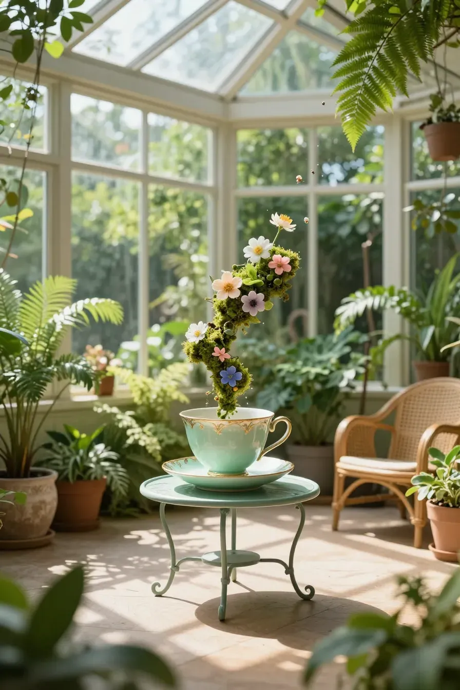 A whimsical floating teacup sculpture pouring moss and flowers in a sunlit conservatory.