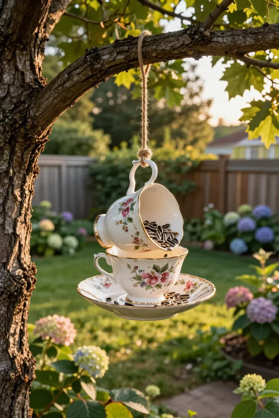 A floral tea cup bird feeder hanging from a tree branch in a sunny, blooming backyard garden.