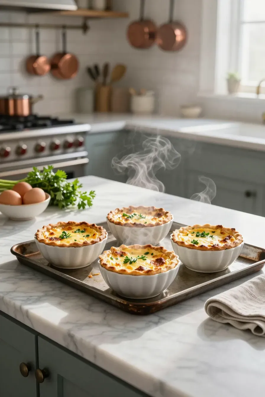 Four vintage tea cups filled with baked quiches on a marble counter in a farmhouse kitchen.
