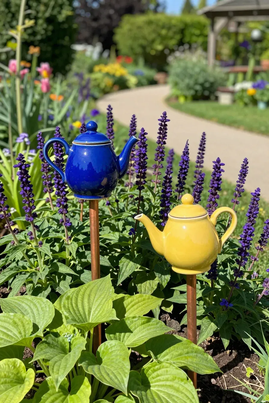 Colorful upside-down teapots on copper stakes used as decor in a lush flower garden.