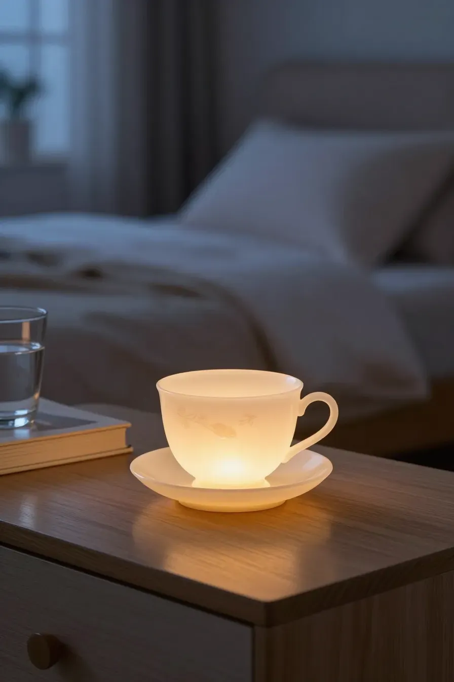 A glowing bone china tea cup nightlight on a bedside table in a dim, peaceful bedroom.
