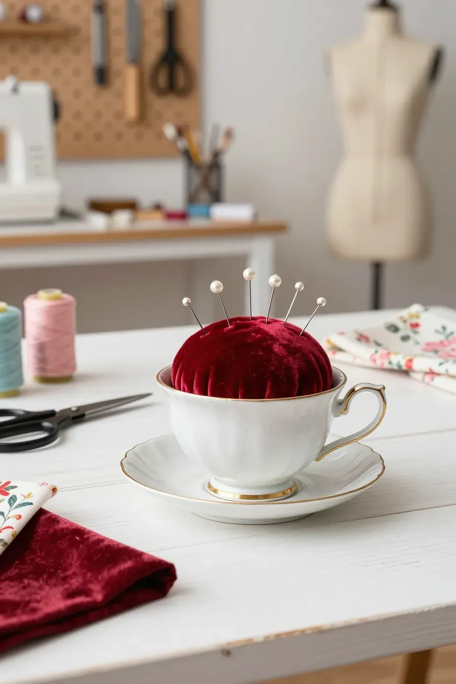 A ruby red velvet pincushion inside a vintage tea cup on a sewing table with craft supplies.