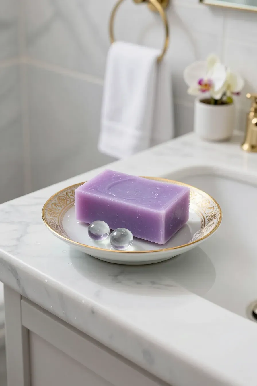 An artisanal soap bar on a vintage porcelain saucer used as a soap dish in a marble bathroom.