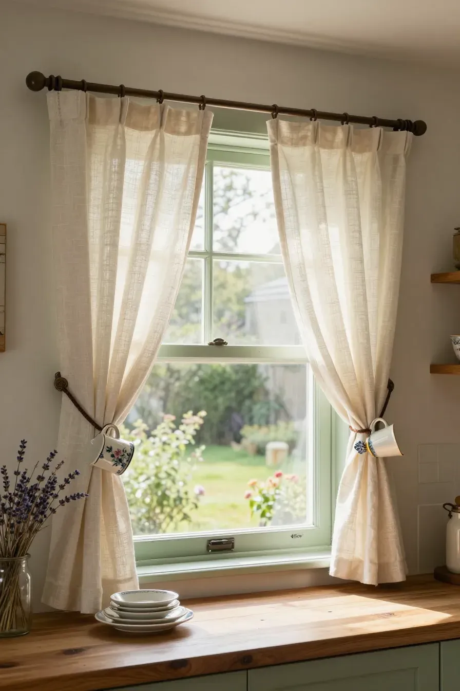 A cottage kitchen window with linen curtains held back by repurposed vintage tea cup handles.