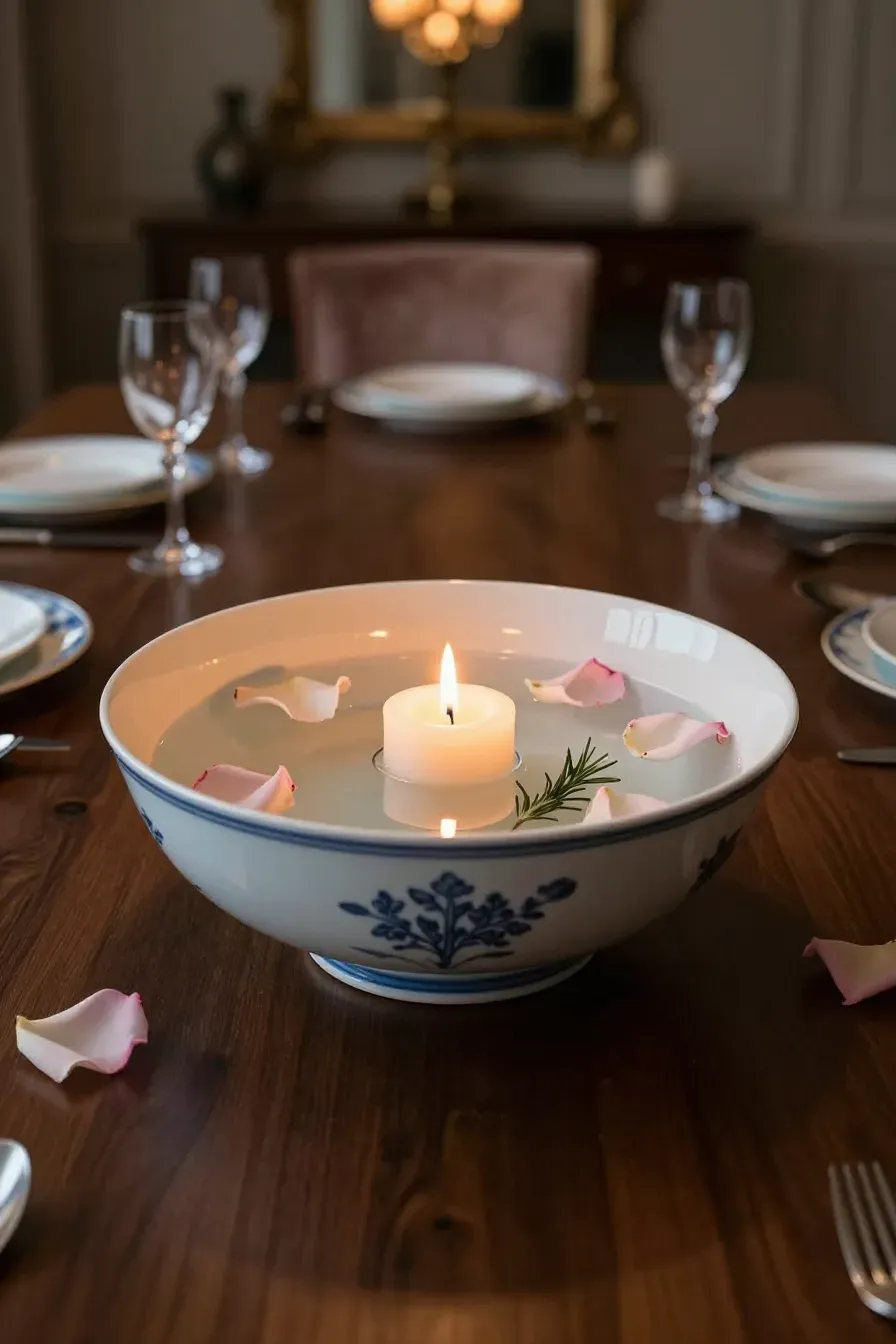 A large tea bowl with a floating candle and rose petals as a centerpiece on a formal dining table.