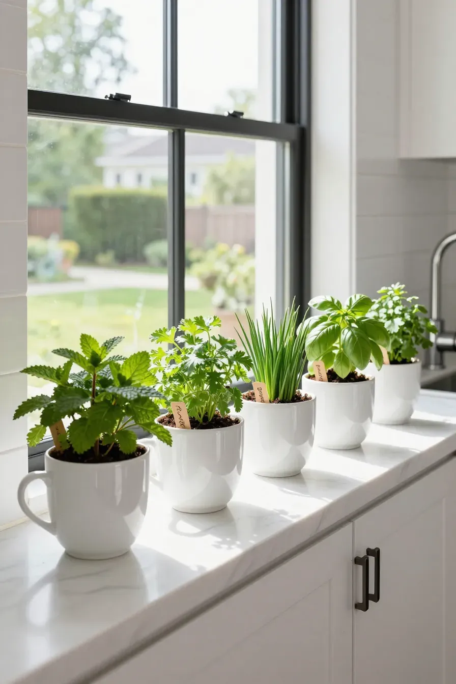 Fresh herbs growing in a row of white ceramic tea cups on a sunlit kitchen windowsill.
