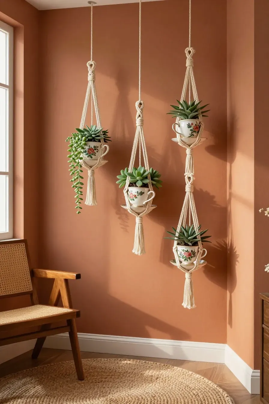 Vintage tea cups with succulents hanging in cream macrame holders in a bohemian room corner.