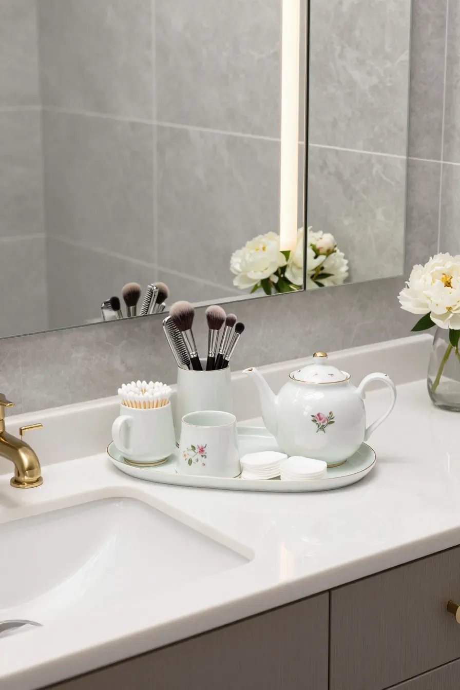A vintage teapot and cups used to organize makeup brushes and cotton pads on a marble bathroom vanity.