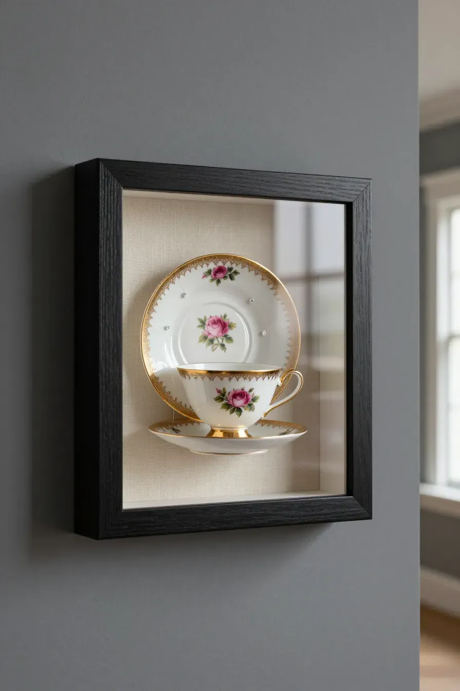 A vintage floral teacup and saucer mounted inside a black wooden shadow box on a gray wall.