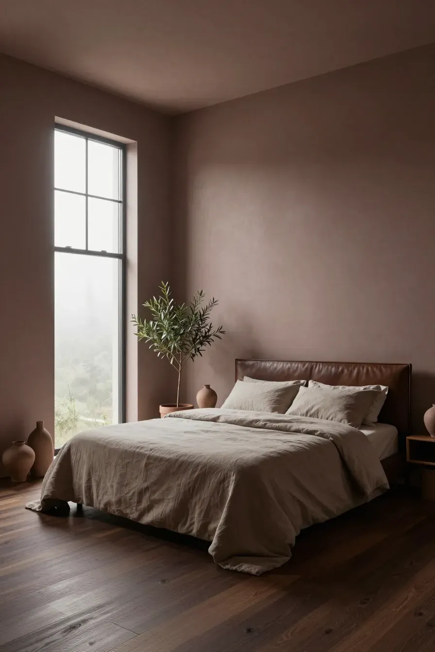 A grounded bedroom with deep taupe walls, dark wood floors, and soft morning light.