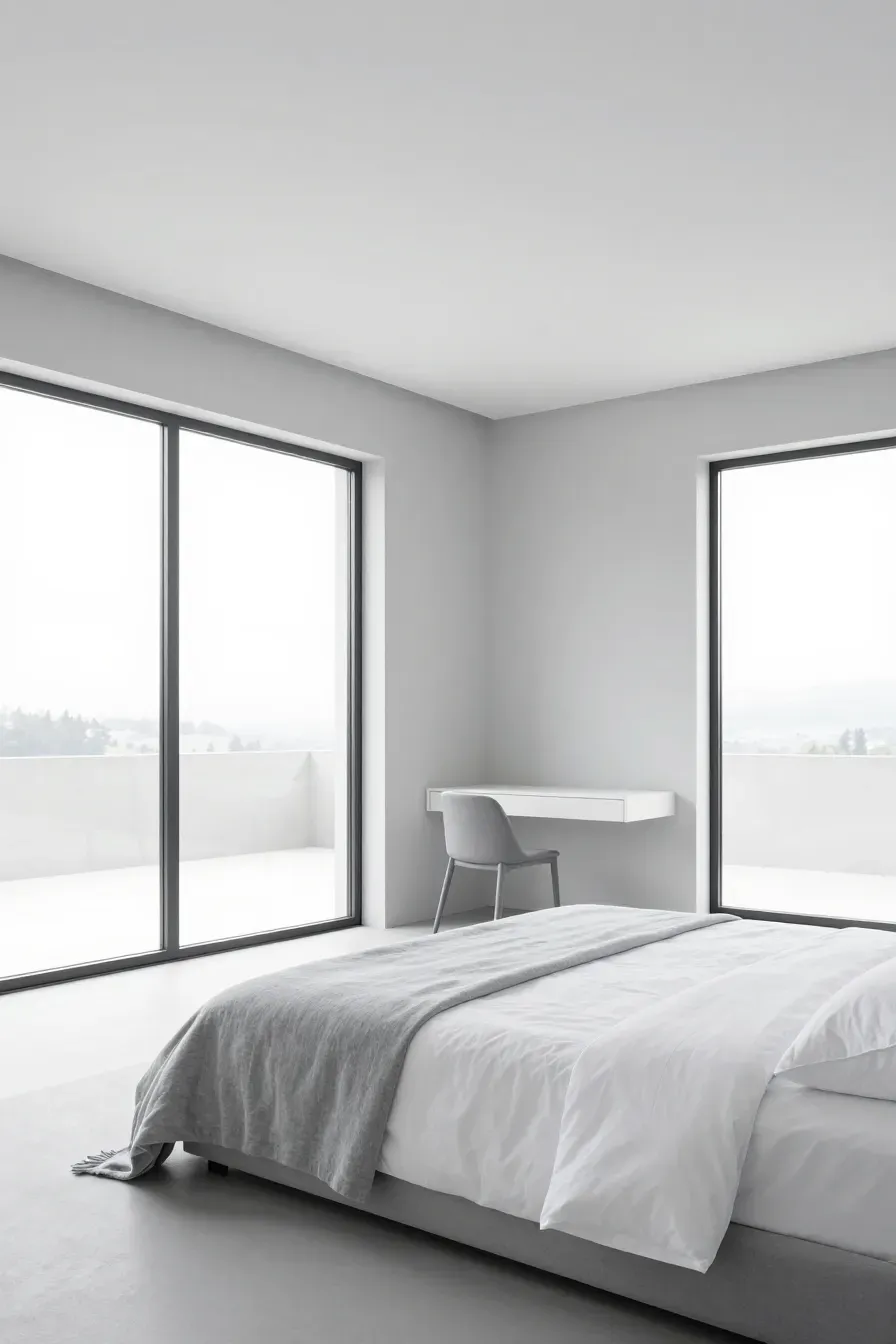 A bright, minimalist bedroom with light gray walls, white bedding, and large windows.