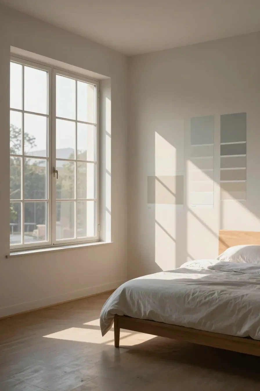 A bedroom with large windows showing how natural sunlight changes the look of neutral wall paint.
