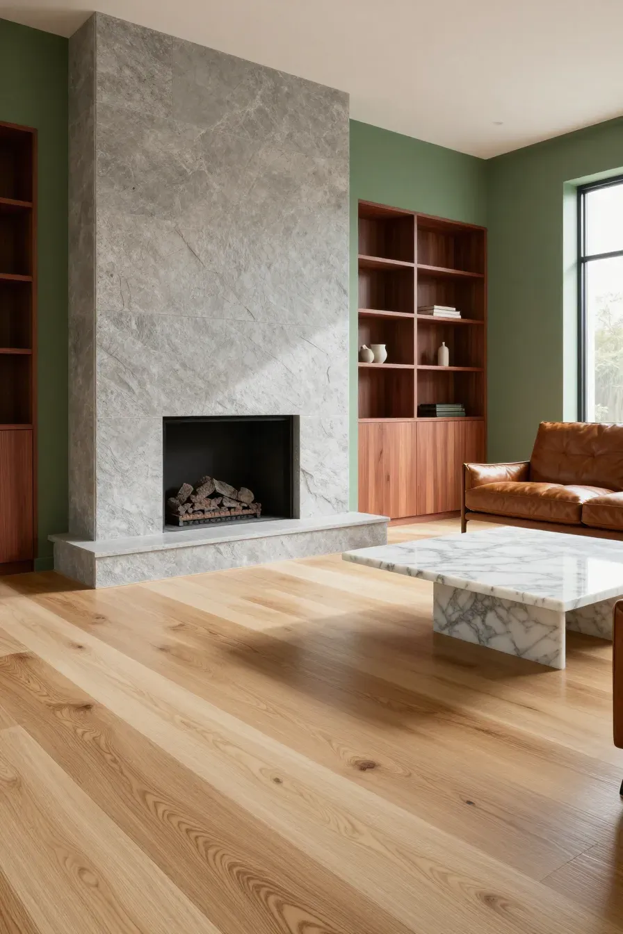 A living room featuring a slate fireplace, oak floors, and a marble coffee table.