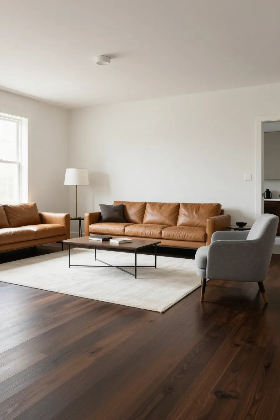 A balanced living room with dark wood floors, light walls, and camel leather furniture.