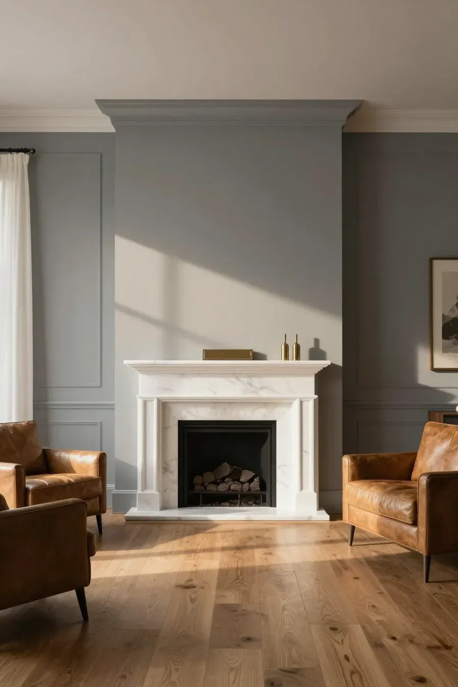 A modern living room with greige walls, a marble fireplace, and warm oak wood flooring.