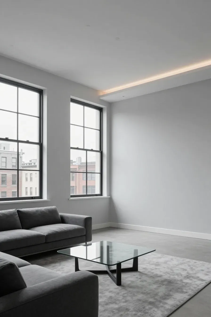 A sleek modern living room featuring pale gray walls and minimalist charcoal furniture.