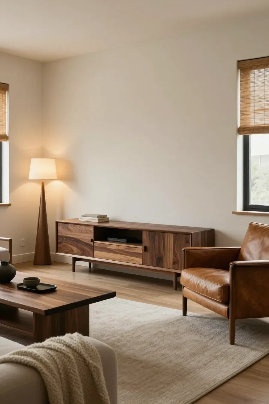 A living room with neutral walls, dark walnut furniture, and layered natural textures like leather and wool.