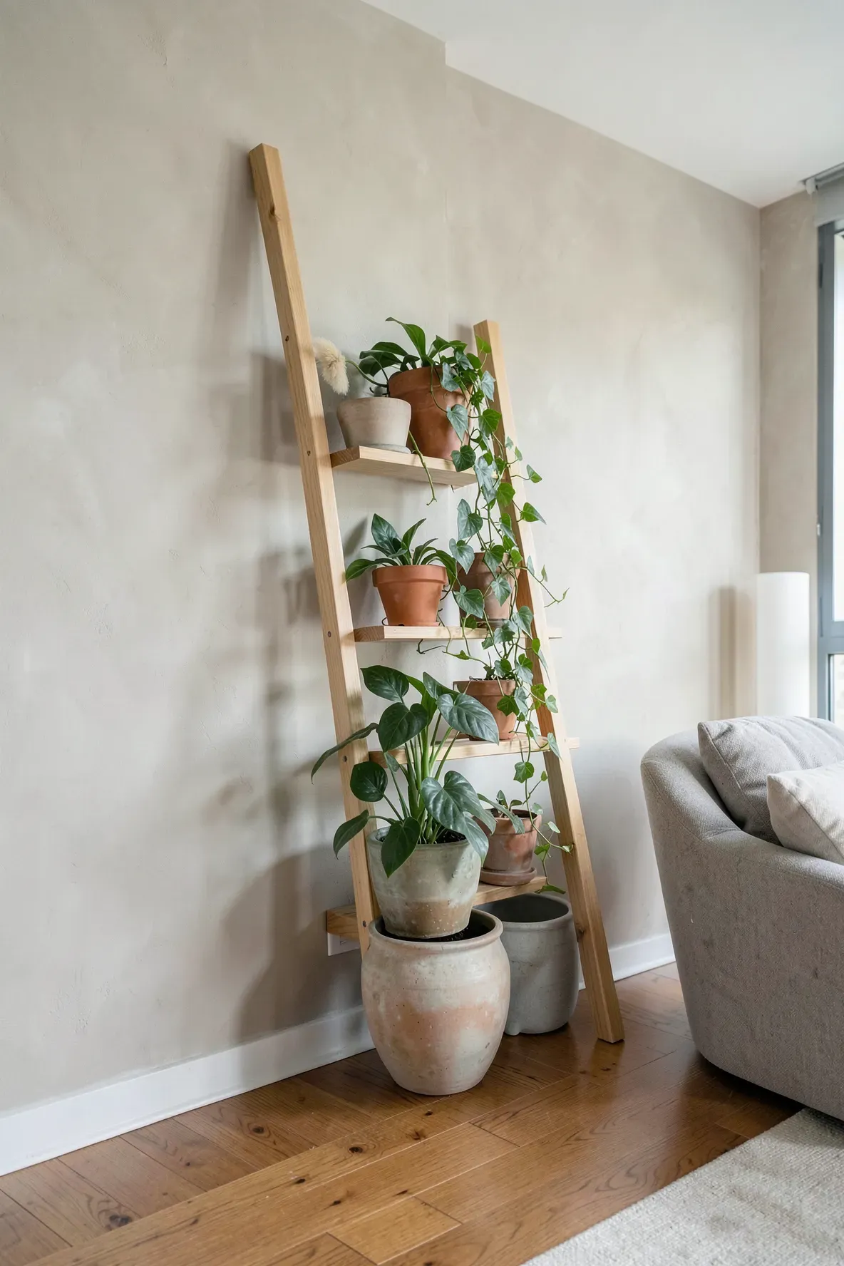 A wooden ladder leaning against a wall in a bright living room, filled with various potted plants.