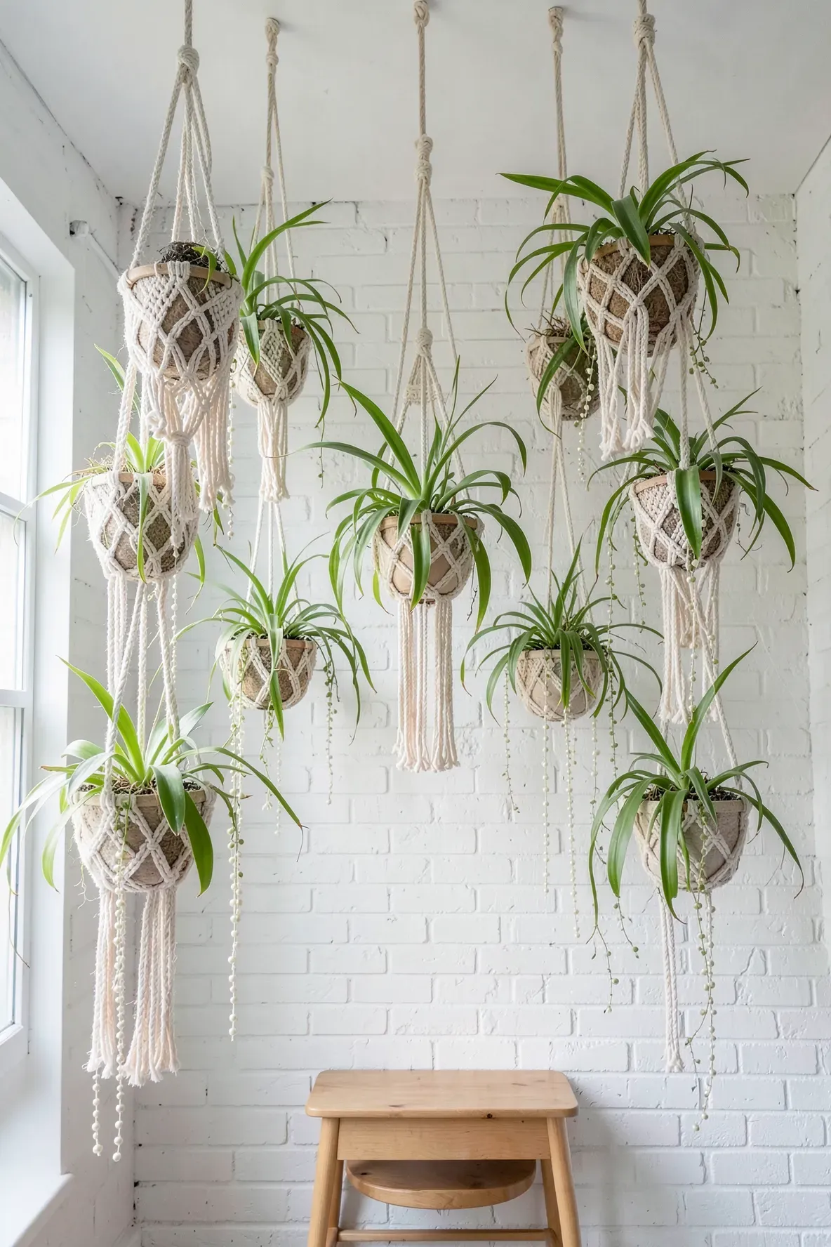 Several plants in macramé hangers suspended at different heights in a bright room corner.