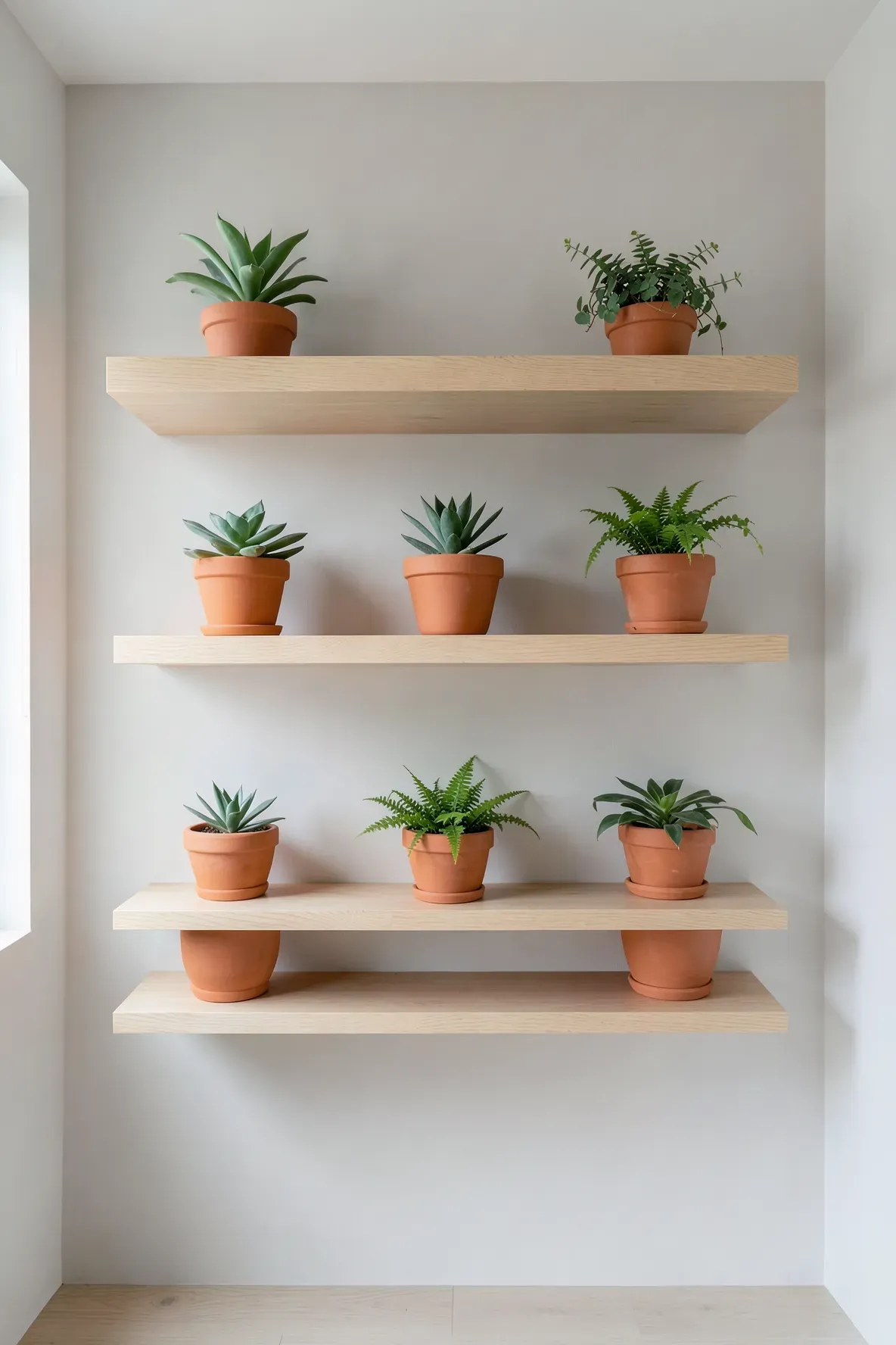 Three floating wooden shelves on a white wall holding identical terracotta pots with green plants.