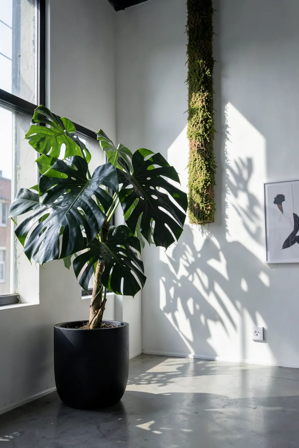 A large Monstera Deliciosa plant in a black pot standing in the corner of a modern room.