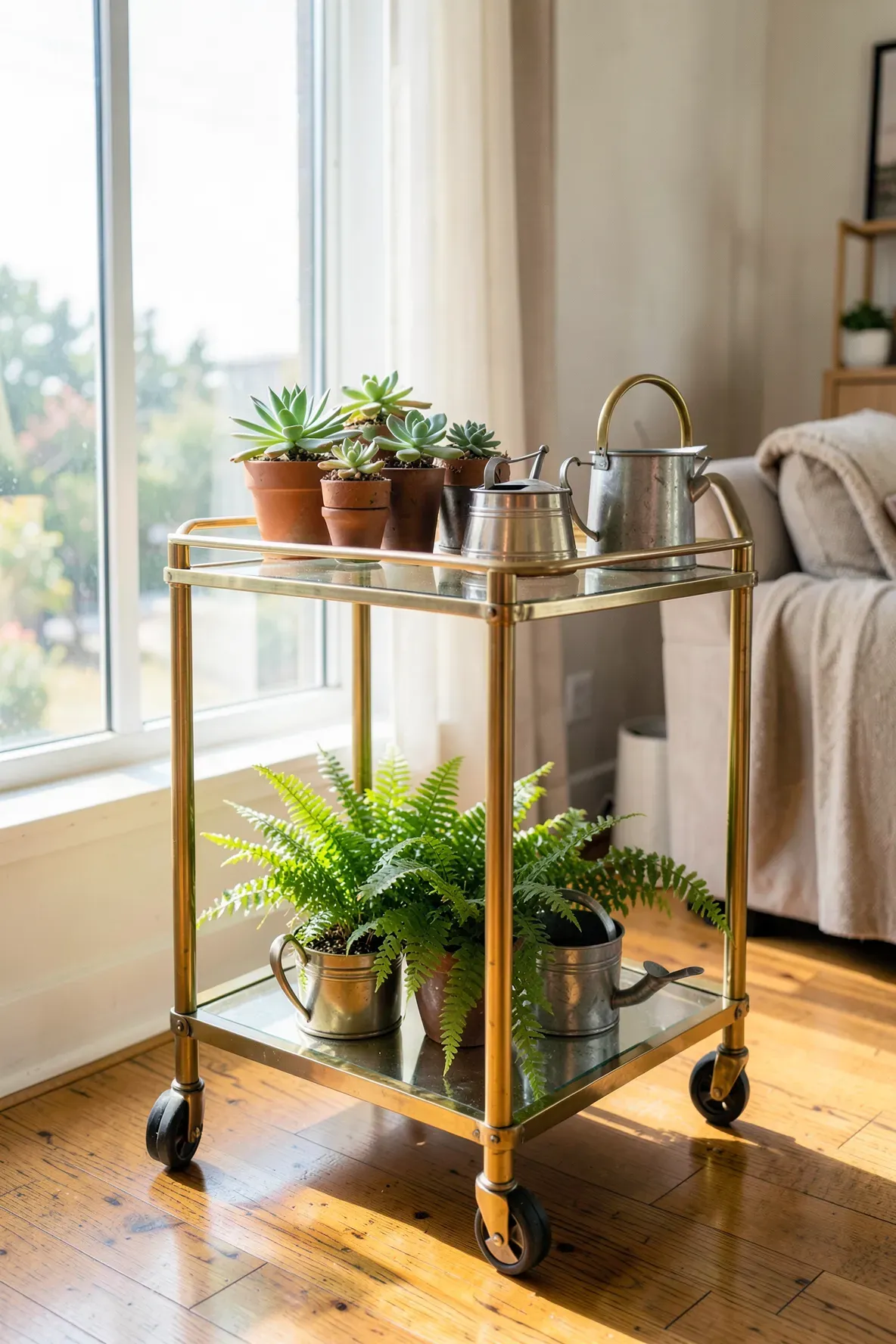 A gold vintage bar cart filled with various indoor plants and succulents near a window.